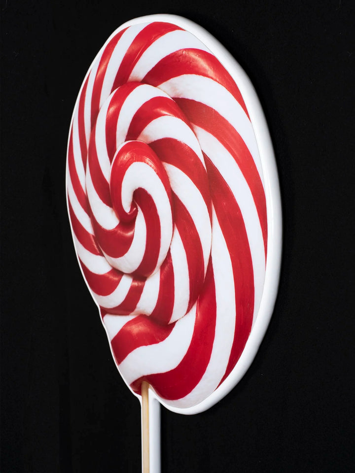 Red and white lollipop - photographic sculpture wall art by Rory Fink – limited edition shaped print close up detail 1