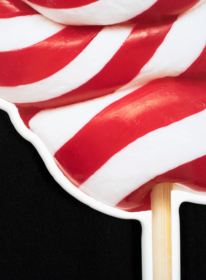Red and white lollipop - photographic sculpture wall art by Rory Fink – limited edition shaped print close up detail  2