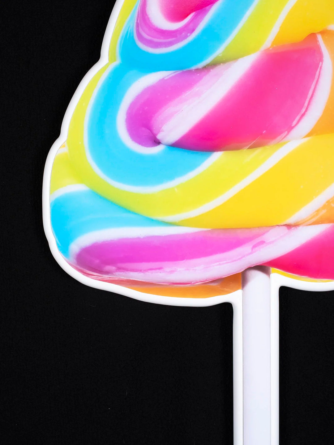 bright pink, blue and yellow lollipop - photographic sculpture wall art by Rory Fink – limited edition shaped print close up detail 2