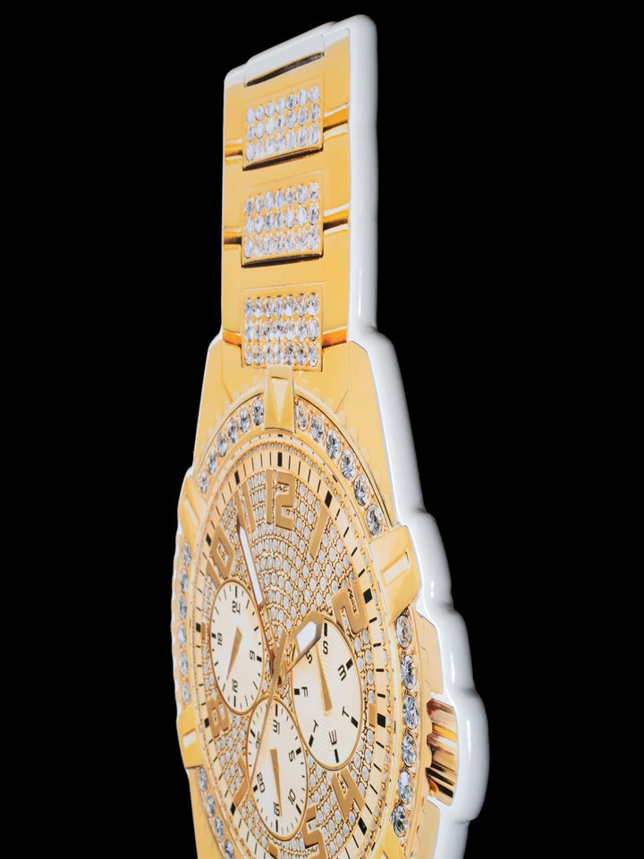 Gold timepiece with diamonds photographic wall sculpture by Rory Fink – fashion pop art close up detail 1