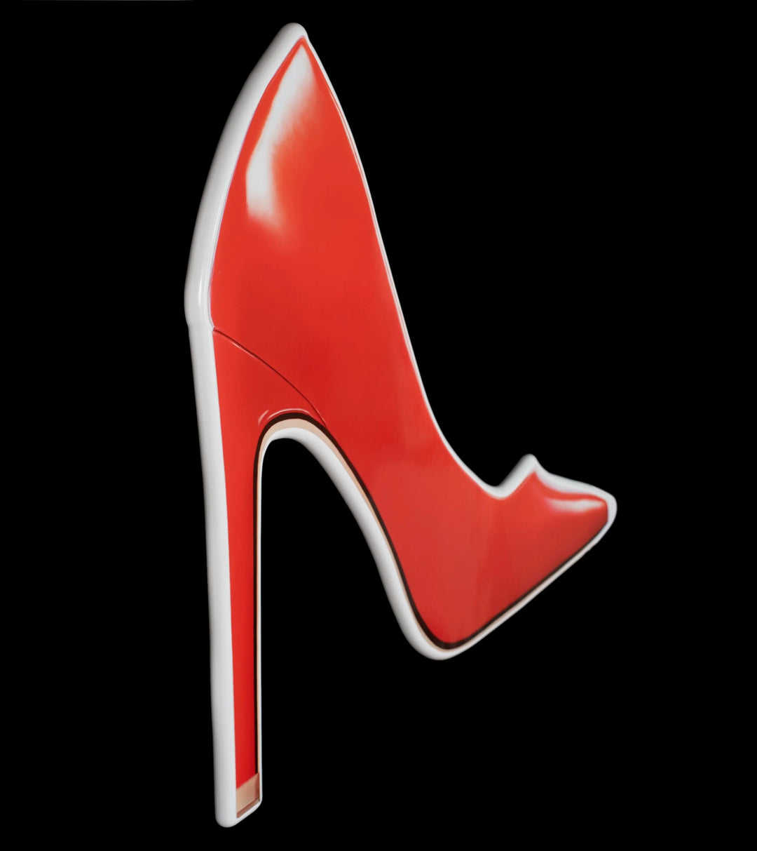 Red high heel photographic wall sculpture by Rory Fink – fashion pop art close up detail