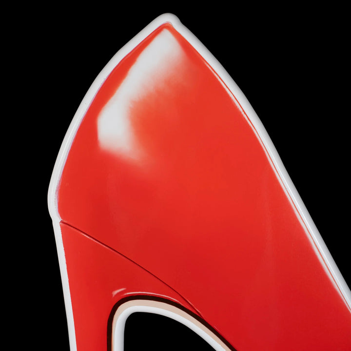 Red high heel photographic wall sculpture by Rory Fink – fashion pop art close up detail 2