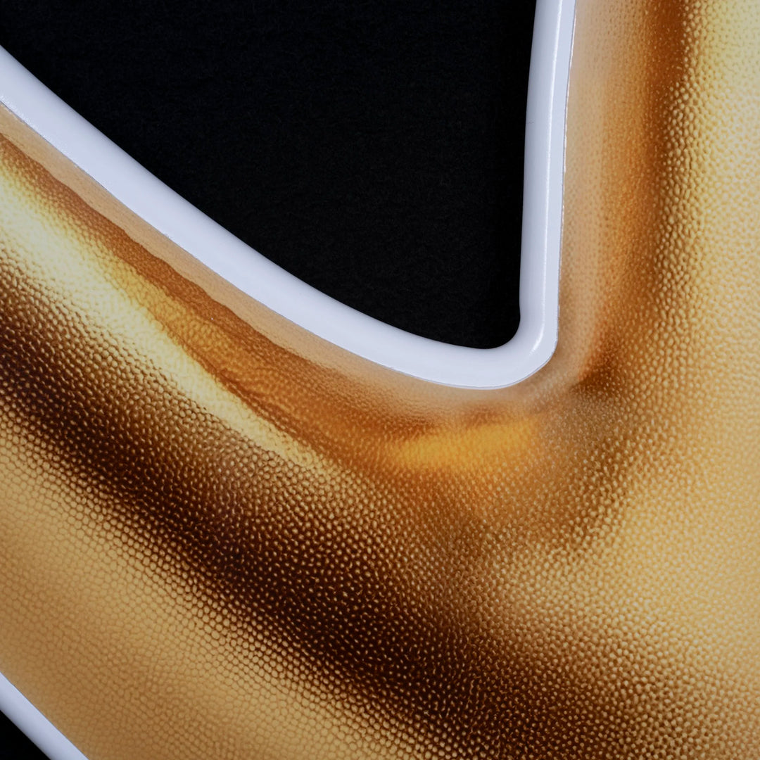 Gold pipe photographic wall sculpture by Rory Fink – fashion pop art close up detail 2
