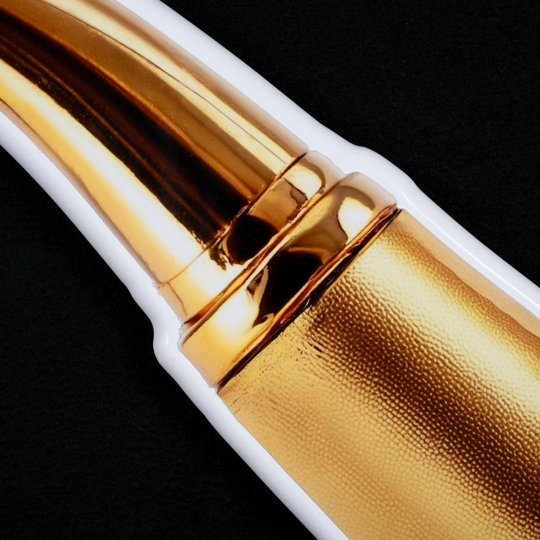 Gold pipe photographic wall sculpture by Rory Fink – fashion pop art close up detail 3