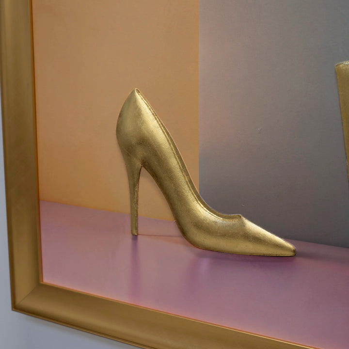 24k Gold Leaf 3D Shoe and Handbag Sculpture: Photographic Art on Bold Colour Background – Original Art by Rory Fink closeup of shoe