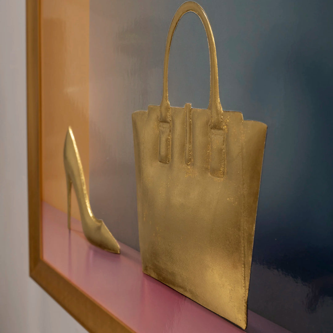 24k Gold Leaf 3D Shoe and Handbag Sculpture: Photographic Art on Bold Colour Background – Original Art by Rory Fink closeup 3