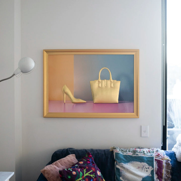 24k Gold Leaf 3D Shoe and Handbag Sculpture: Photographic Art on Bold Colour Background – Original Art by Rory Fink in living room setting 2