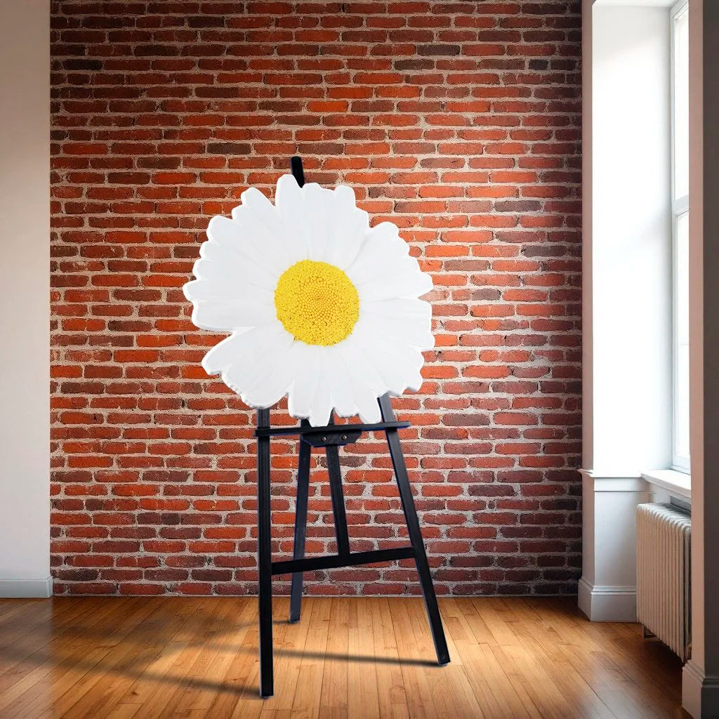 Floral daisy photo sculpture wall art by Rory Fink – bloom-inspired shaped piece sitting on easel