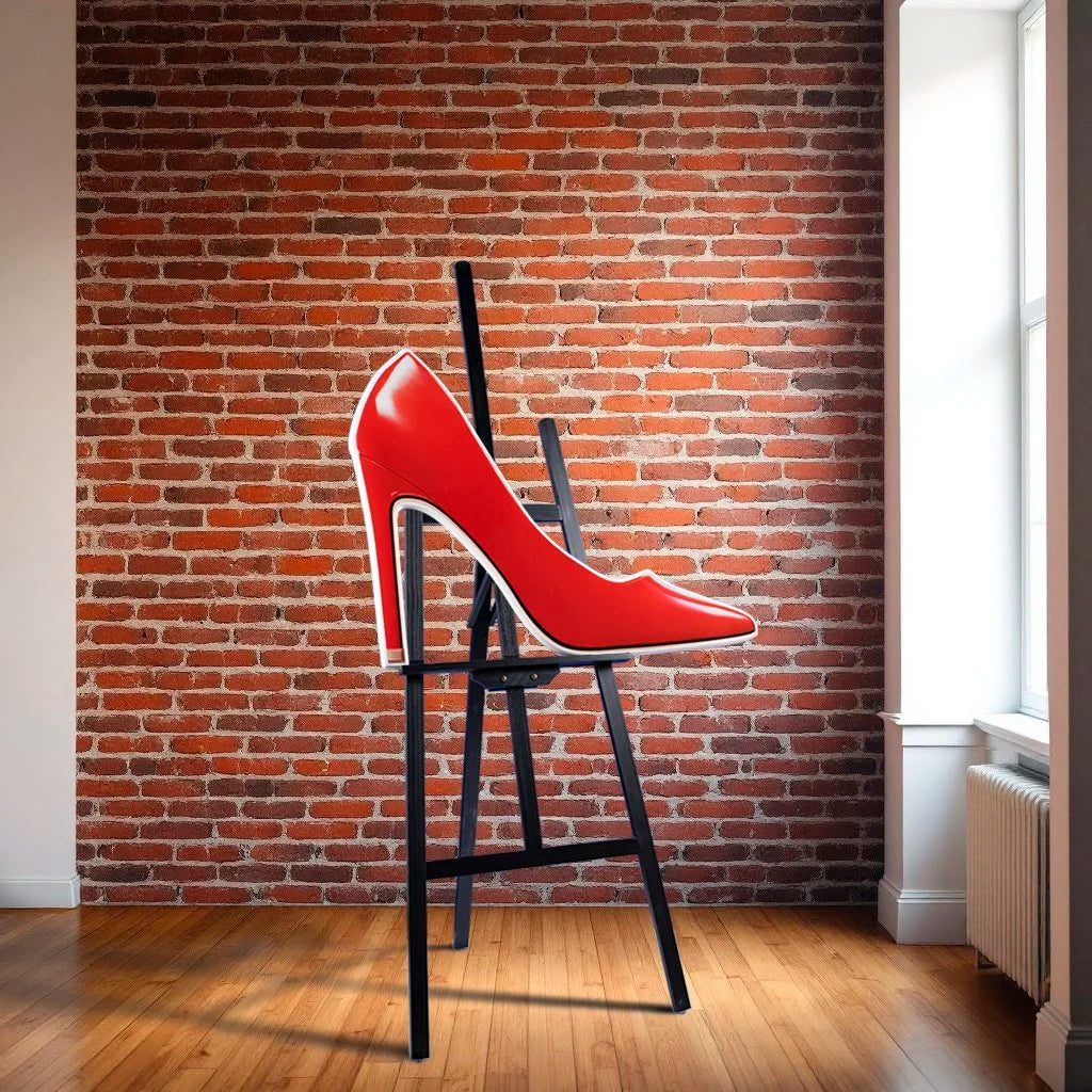 Red high heel photographic wall sculpture by Rory Fink – fashion pop art sitting on easel