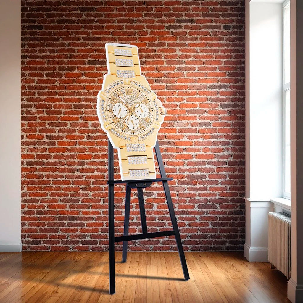 Gold timepiece with diamonds photographic wall sculpture by Rory Fink – fashion pop art sitting on easel