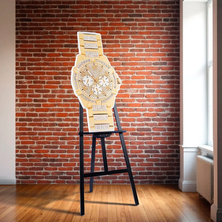 Gold timepiece with diamonds photographic wall sculpture by Rory Fink – fashion pop art sitting on easel